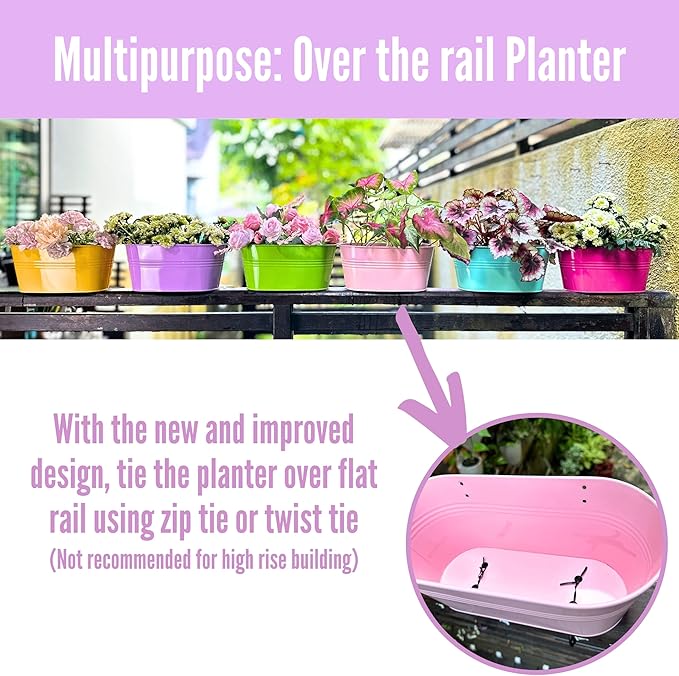 LaLaGreen Rail Planter Outdoor Plants (6 Pack, 11.8 Inch) Colorful Metal Iron Strawberry Hanging Flower Pots Deck Railing Fence Buckets Modern Wall Mount Window Box Plant Holder Hooks Porch Home Decor L%C3%A1L%C3%A1Green