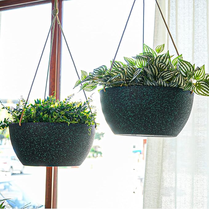 12 Inch 2 Pack Large Hanging Planters for Indoor Outdoor Plants, Plastic Hanging Basket Pots for House Plants Flowers, Black Speckles SwinDuck