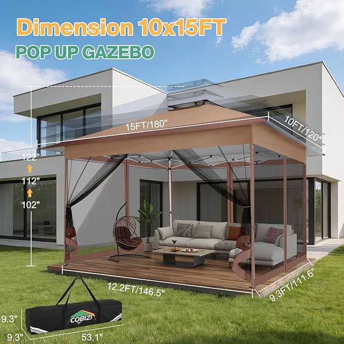 C0BIZI Gazebo 10x15 Pop up Canopy,Gazebos on Clearance-Canopy Tent with Mosquito Netting for Lawn,Garden,Backyard & Patio-Outdoor Tent-Water Resistant and UPF50+ (Brown) COBIZI