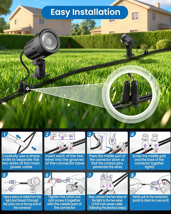 ZZXX All-in-One Low Voltage Landscape Lighting Kit, 12-Pack LED Landscape Lights with Transformer 100FT Wire and Connectors, 2700K Waterproof Landscape Spot Lights for Garden Yard House Tree ZZXX