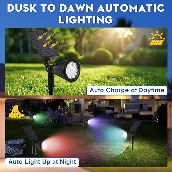Solar Spot Lights Outdoor, 2-in-1 Wall Mount & Ground Stake 18 LEDs with 2 Lighting Modes, 7 Colors Changing, IP65 Waterproof Solar Landscape Lights for Garden, Pathway, Yard, Patio (2 Pack) DEXULESA