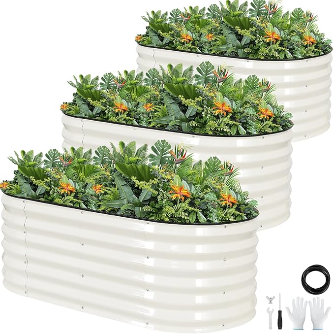Galvanized Raised Garden Bed Outdoor |17'' Tall Planter Box Outdoor for Deep Root Plants | 3Pcs Raised Bed Kit for Gardening with Rubber Strip for Vegetables Flowers Fruits (White, 4x2x1.4FT) GGOODGAIN