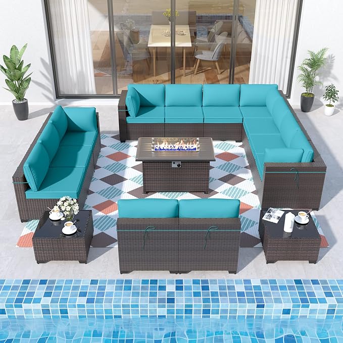 ALAULM Patio Furniture Set with Fire Pit Table 55000 BTU, Outdoor Sectional with Wide Seat and Thick Cushion, 15 Piece Wicker Rattan Conversation Set with Coffee Table for Garden, Deck, Turquoise ALAULM