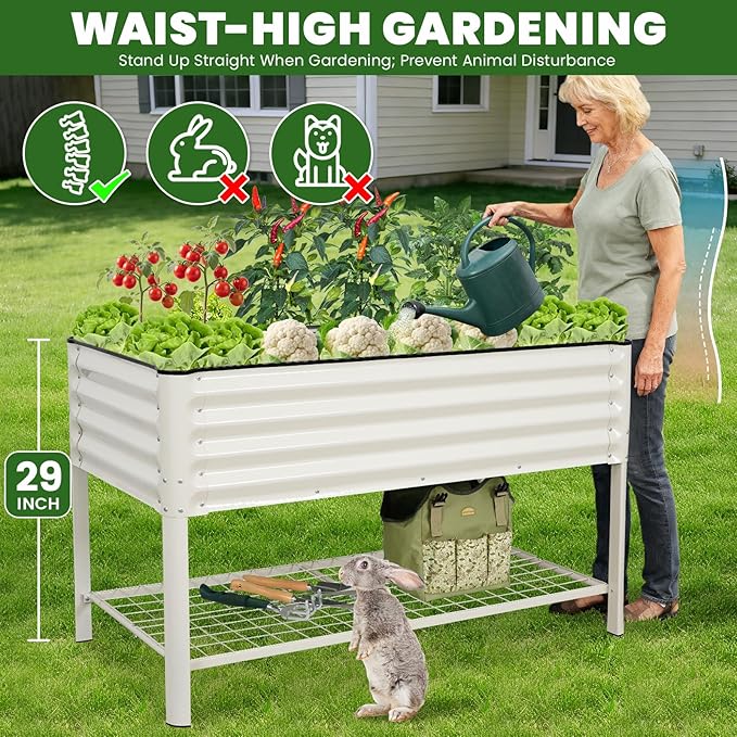 Elevated Raised Garden Bed 2' x 4'- Galvanized Metal Planter Boxes with Legs & Storage Rack, Outdoor Planters for Backyard/Patio/Balcony, with Drainage Holes for Vegetables, Flowers, Herbs, White GGOODGAIN