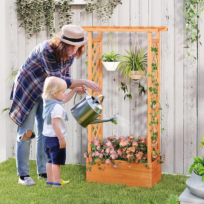 Giantex Set of 2 Raised Garden Bed with 2-Sided Trellis & Hanging Roof, Fir Wood Planter Box w/Drainage Holes, Bottom Gaps, Freestanding Garden Planter for Flowers Herbs Climbing Vines (31"x12.5"x60") Giantex