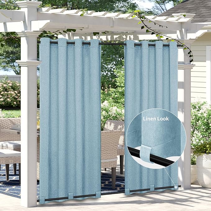 Easy-Going Linen Look Outdoor Curtains Waterproof Windproof Porch Curtains, Soft Thicken Outdoor Privacy Curtains for Patio, Gazebo, Grommet Top and Tab Bottom Drape, 1 Panel, 54x96 inch, Sky Blue Easy-Going