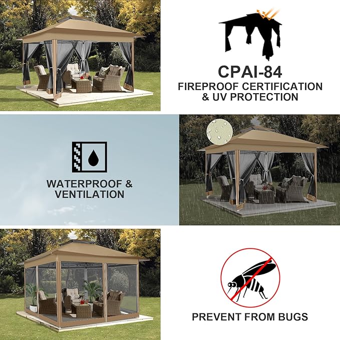 COBIZI 12x12 Pop up Gazebo on Clearance Canopy Tent, carpas para Patio, Outdoor Canopy with Portable Carrying Bag for Vendor, Outdoor Patio Gazebo for Garden, Backyard,Beach, Brown COBIZI