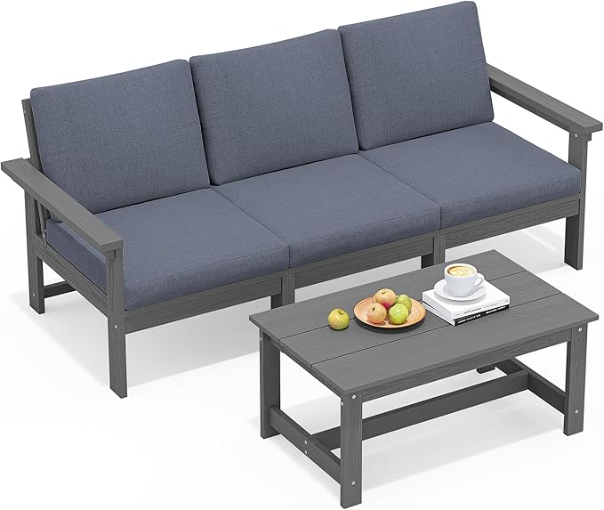 SERWALL HDPE Patio Sofa Set, 4-piece Sectional Outdoor Furniture Set, All Weather Outdoor Couch Set Patio Furniture Set for Deck, Lawn, Grey Frame with Grey Cushion SERWALL