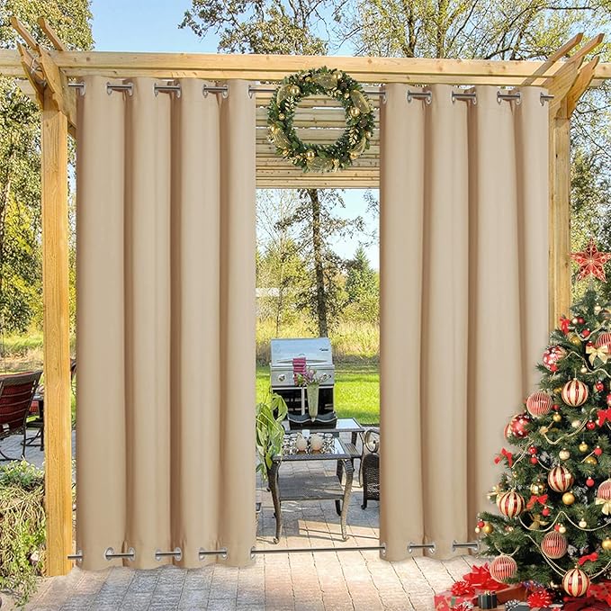 NICETOWN Outdoor Curtain for Patio Waterproof, Sunlight Block Rustproof Grommet Top and Bottom Windbreak, Thick Enough to Keep Sun/Rain Out for Deck, Biscotti Beige, W52 x L120, 1 Piece NICETOWN