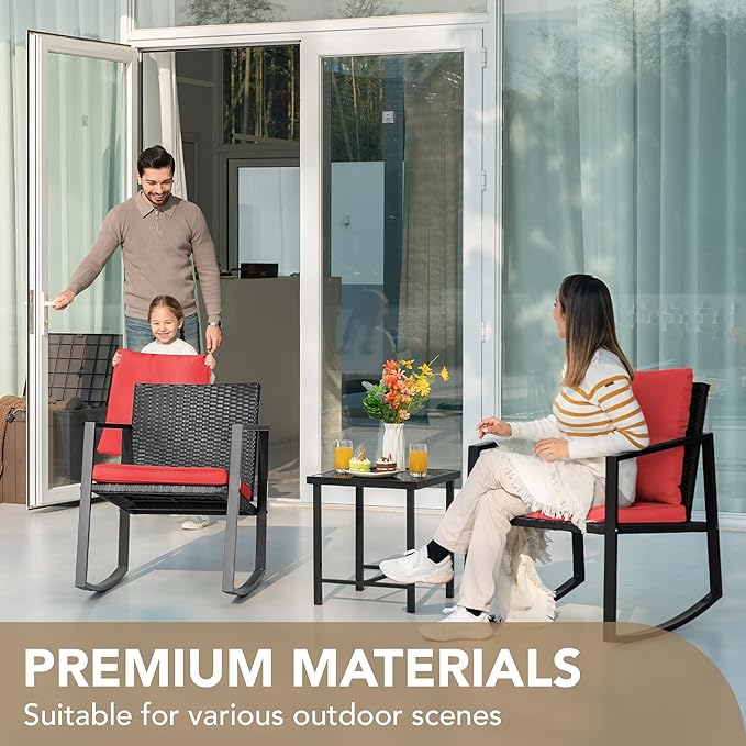 Devoko 3 Piece Rocking Bistro Set Wicker Patio Outdoor Furniture Porch Chairs Conversation Sets with Glass Coffee Table (Red) DEVOKO