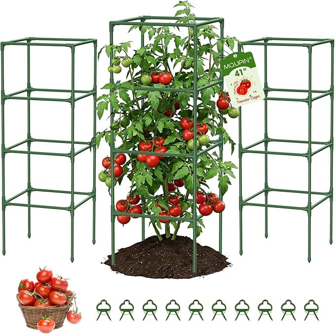 MQUPIN Tomato Cages,4 Packs Square Tomato Cage for Garden Plant Support,41 * 15 * 15in Heavy Duty Steel Plant Tower Stakes Trellis for Climbing Vegetables Flowers Fruits MQUPIN