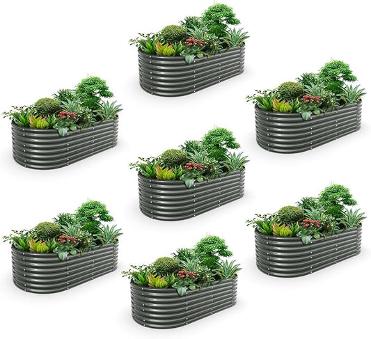 A ANLEOLIFE 7-Set 8X4X2 ft Galvanized Raised Garden Bed Kit, Oval Metal Deep Root Planters for Outdoor Plants, Quartz Grey AAnleolife