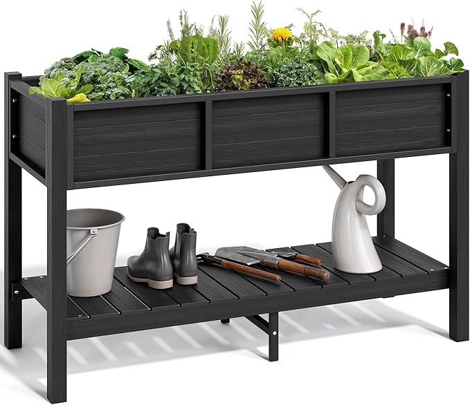 YITAHOME 48x18x30in Raised Garden Bed HDPE, Weather-Resistant Poly Lumber Planter Box with Legs & Storage Shelf, Elevated Garden Bed for Yard, Garden, Balcony - Black YITAHOME