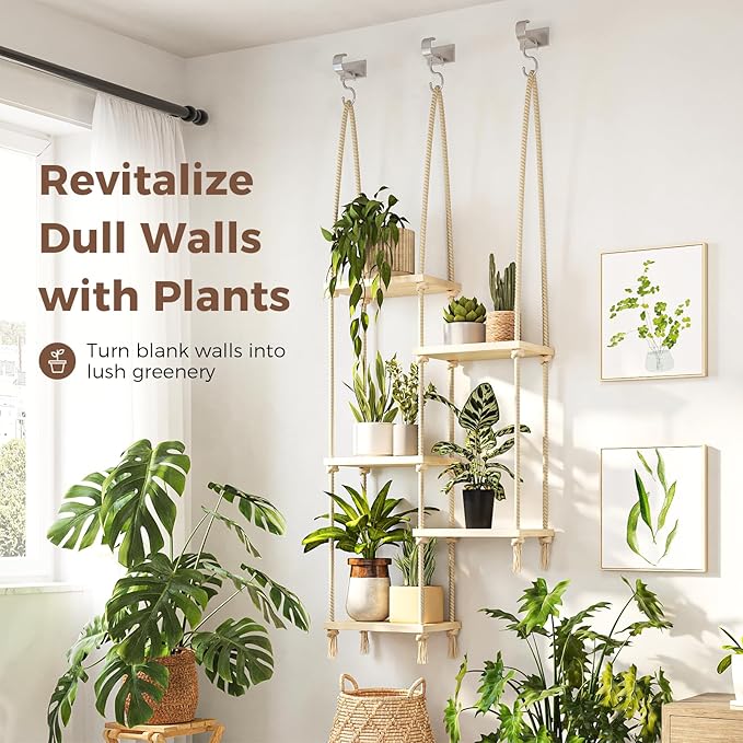 Bamworld Hanging Shelves Plant Hanger Indoor Window Plant Shelves Wood Plant Wall Shelf Window Sill Plant Shelf Indoor Hanging Plant Stand Living Room Decor Garden Boho Decor Bamworld