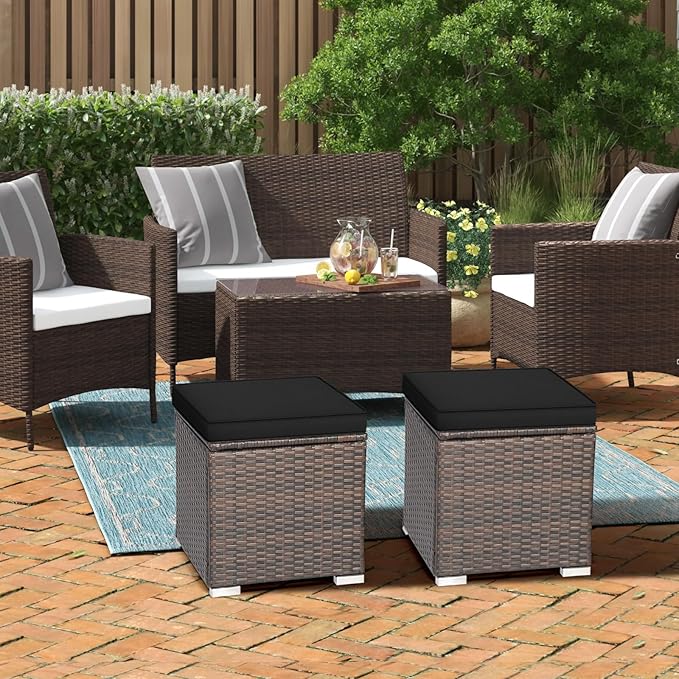 RELAX4LIFE Wicker Outdoor Storage Ottoman, 2-Piece Rattan Footstool w/Removable Cushion, Multipurpose Footrest Stool Side Table Additional Seating, Set of 2 Outdoor Ottomans for Patio Deck (Black) RELAX4LIFE