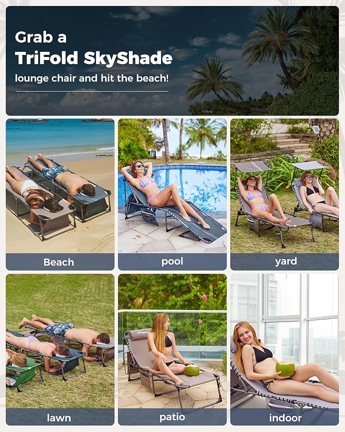 KingCamp Tanning Chair with Face Hole, Lounge Chairs Outdoor Folding Comfy Adjustable 5-Position Foldable Chaise Chaser with Canopy Shade for Outside Beach Patio, Blue/Grey KingCamp