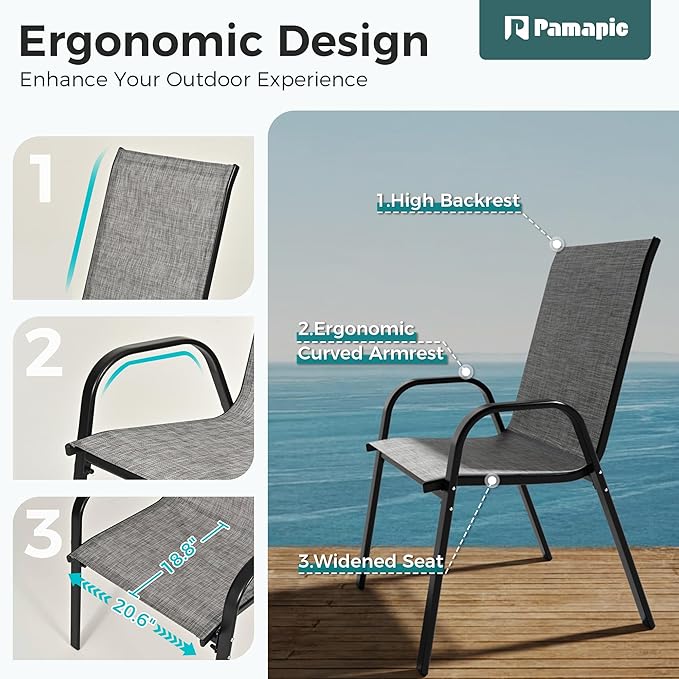 Pamapic Outdoor Dining Sets for 6, Rectangular Steel Slat Table with 6 Textilene Chairs, 7 Piece Patio Table and Chairs Set with Umbrella Hole for Patio, Garden, Backyard and Poolside (Grey) Pamapic