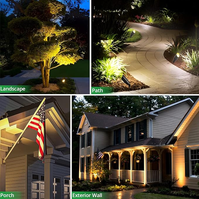 wowlite Low Voltage Spot Lights Outdoor LED 4 Pack, Die-cast Aluminum Landscape Spotlights, Waterproof Black Uplights with MR16 Bulbs Ground Stake for Garden Courtyard Pathway wowlite