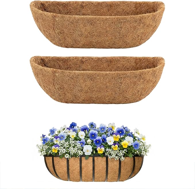 2 Pcs 30 Inch Trough Coco Liner for Window Box, 100% Natural Half Moon Coconut Coir Planter, Replaceable Coconut Fiber Liner for Window Boxes & Fence Flower Baskets (2, 30 inch) Rootora
