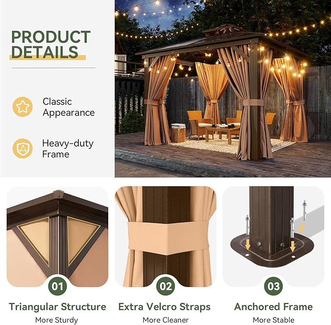 Aoxun 10'x10' Hardtop Gazebo, Outdoor Polycarbonate Double Top Canopy, Aluminum Frame Gazebo with Netting and Curtains, Sunshade for Patios, Gardens, Lawns Aoxun