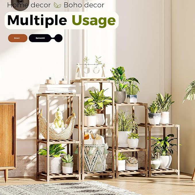 Bamworld Plant Stands Indoor 4 Sets Plant Shelves Outdoor Wooden Plant Holder for Multiple Plants Flower Stands Window Bamworld