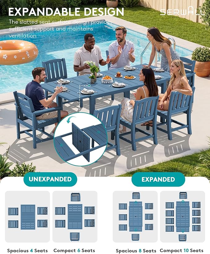 SERWALL 9-Piece Outdoor Dining Set, 60" - 83" Expandable Outdoor Dining Table and 8 HDPE Chairs, All Weather HDPE Outdoor Furniture Set for Backyard, Garden, Blue SERWALL