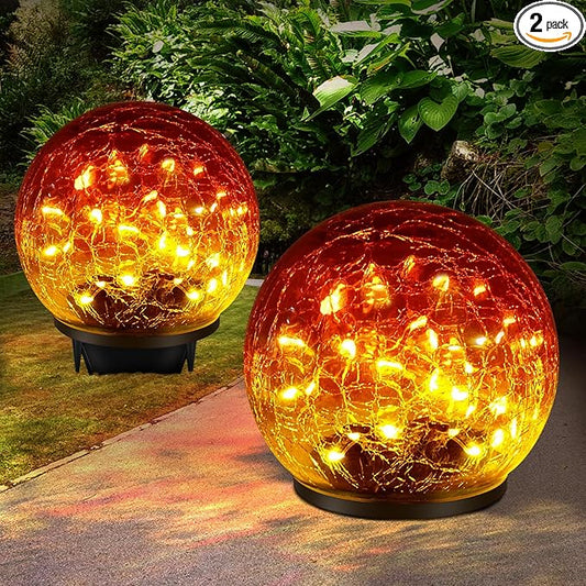 2 Pack 60 LED Garden Solar Outdoor Lights Decorative, Gradient red Cracked Glass Solar Globe Lights, Upgraded Waterproof Ball Lights for Yard Pathway Patio Lawn Christmas Outside Decor Keevvon