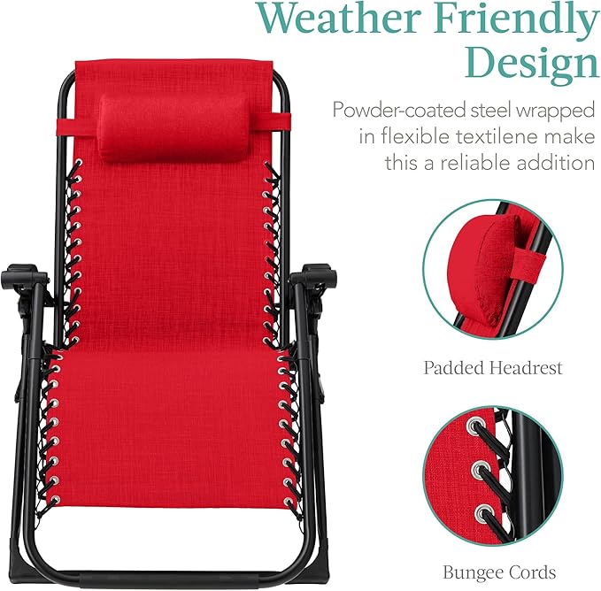 Best Choice Products Oversized Zero Gravity Chair, Folding Outdoor Patio Recliner, XL Anti Gravity Lounger w/Removable Cushion, Cup Holder, Side Tray, 350lb Capacity - Crimson Red BestChoiceProducts