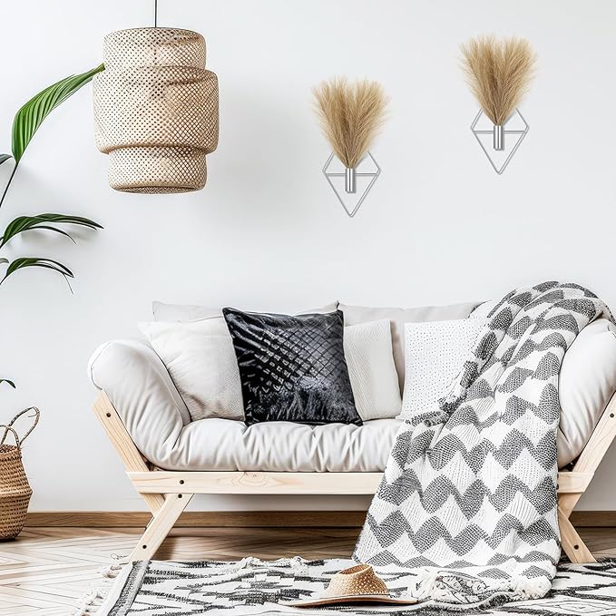 2 Pieces Boho Wall Decor Hanging Planters with Artificial Plants Metal Hanging Vase Indoor Plants Holder Modern Wall Art for Bathroom Bedroom Living Room Decor, Silver, Pampas Grass Canlierr