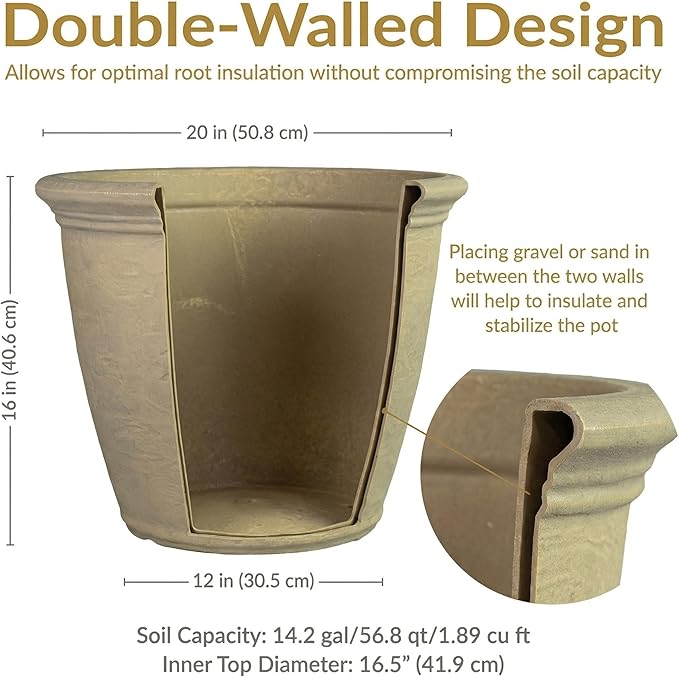 Sunnydaze 20-Inch Anjelica Large Plastic Pot for Plants - Outdoor Double-Walled Large Plastic Planter with Drillable Drainage Holes - Beige - 2pk SunnydazeDecor