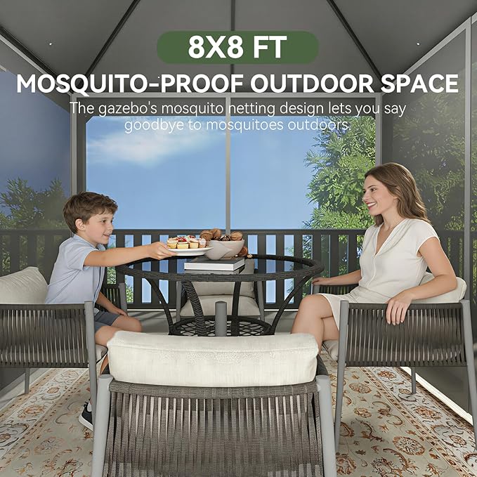 Aoxun Outdoor Gazebo for Patio 8x8, Metal Frame Canopy with Double Roofs, Heavy Duty Party Tent and Shelter with Mosquito Netting and Privacy Screen for Backyard, Lawn, Garden, Deck (Grey) Aoxun