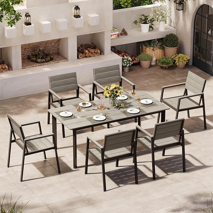 Outdoor Dining Set for 6, Aluminum Patio Table and Chairs Set with Umbrella Hole, 7 Piece HDPS Outdoor Furniture Sets for Patio, Garden (Gray) Oasbira