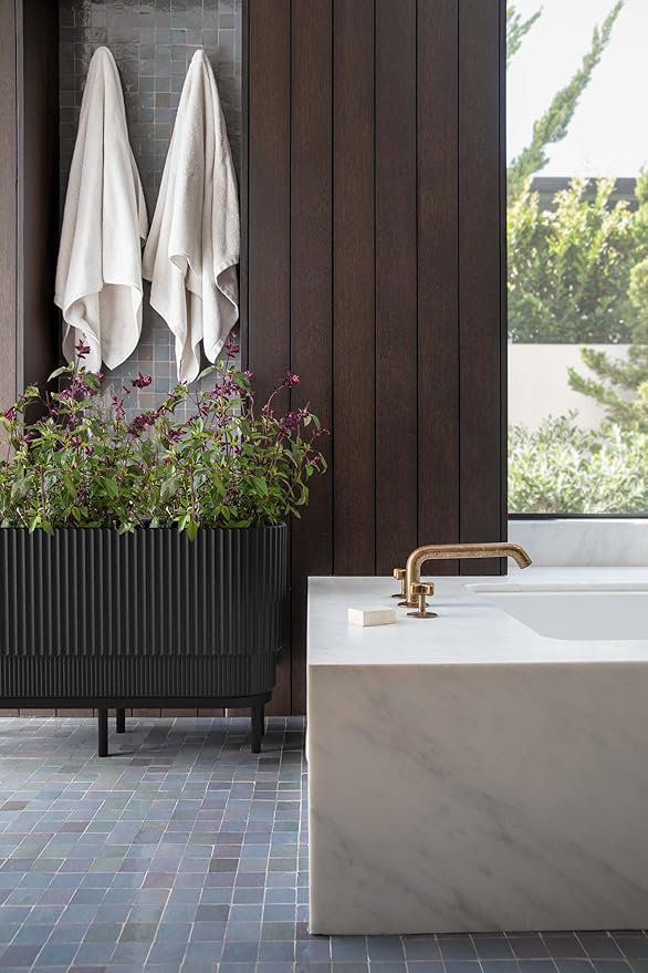Veradek Demi Series Raised Long Planter for Indoor/Outdoor Use | Made from Plastic & Stone w/Wooden Stand | Modern Patio Décor for Flowers/Shrubs VeradekOutdoor