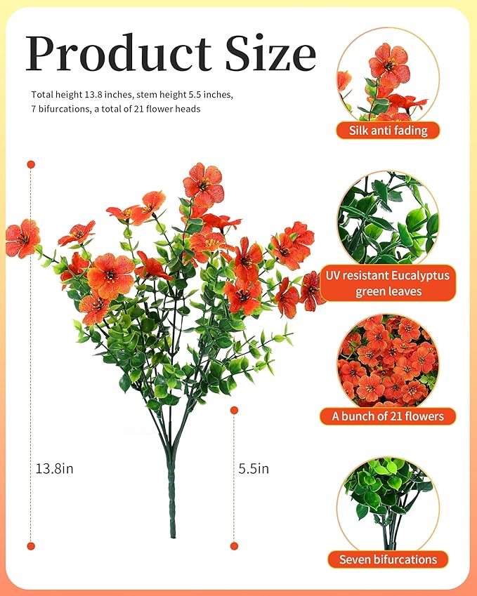 Fake Mums Faux Flowers for Outdoor Planters 16 Bundles UV Resistant Artificial Eucalyptus Plants Outside Fall Yard Decoration Realistic Silk Daisy Patio Front Porch Garden Pots Decor-Orange Red JAKY-Global