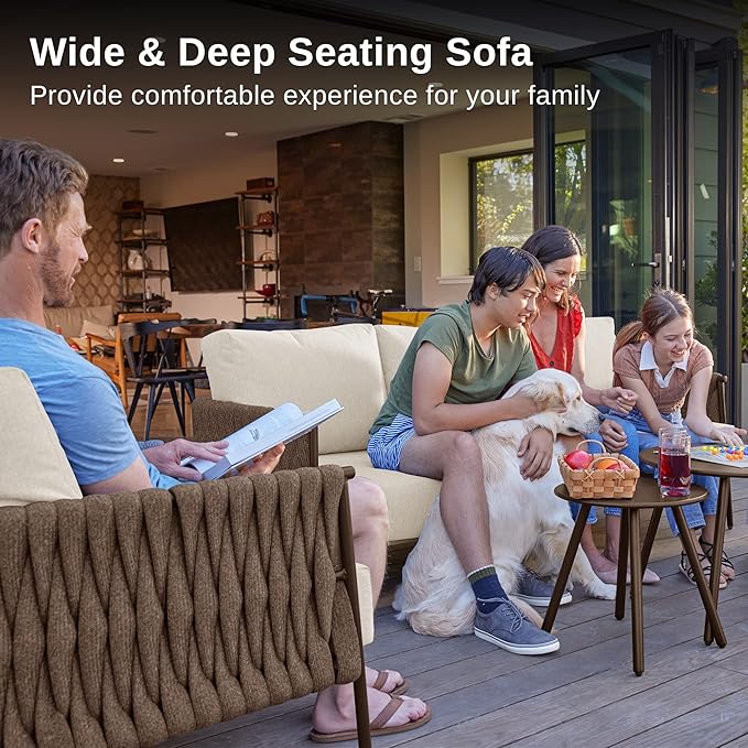 EAST OAK Life Chatter Patio Furniture Set 5 Pieces, Outdoor Furniture 5-Seat Sofa with Two Round Coffee Table, Waterproof Thick Cushion Deep Seating for Porch, Balcony, Chestnut Brown & Creamy Apricot EASTOAK