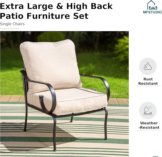 MFSTUDIO 5 Seats Large Metal Patio Conversation Sets, 4 Pieces Outdoor Furniture Sofa with 2 Fixed Chairs, 1 Sofa(3-seat) and Table for Outside Balcony Backyard Poolside MFSTUDIO