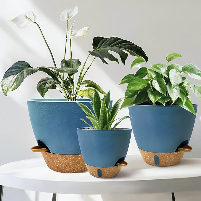 12/10/9/8 inch Self Watering Pots with Visual Water Window, Extra Large Self Watering Plant Pot with Drainage Holes and Saucers, Blue Flower Pots for Indoor Plants SORANGEUN
