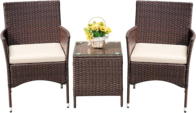Devoko Patio Porch Furniture Sets 3 Pieces PE Rattan Wicker Chairs with Table Outdoor Garden Furniture Sets (Brown/Beige) DEVOKO