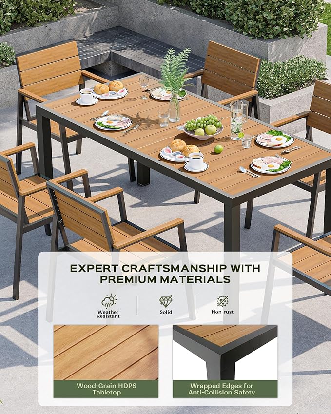 67" HDPS Outdoor Patio Dining Table, Aluminum-Edged Outdoor Dining Table with Umbrella Hole, Weather-Resistant for Lawn, Garden, Poolside and Indoor Use, Gray&Teak Vexwalx