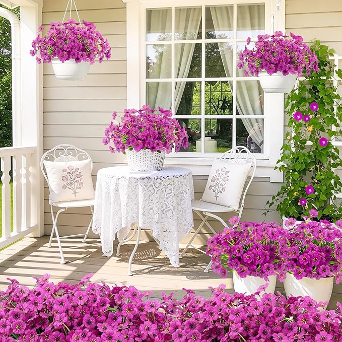 MACTING 24 Bundles Artificial Flowers for Outdoors Fake Flowers UV Resistant Faux Plastic Plants No Fade for Planters Window Patio Porch Home Garden Outside Spring Summer Decorations(Purple) MACTING