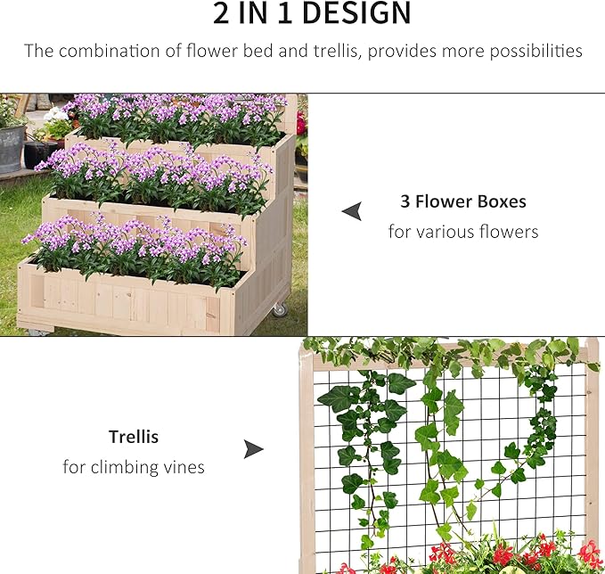 Outsunny 3-Tiers Raised Garden Bed with Trellis, 53" H Vertical Planter Box with Wheels & Back Storage Area, for Flowers, Vegetables, Herbs, Natural Outsunny