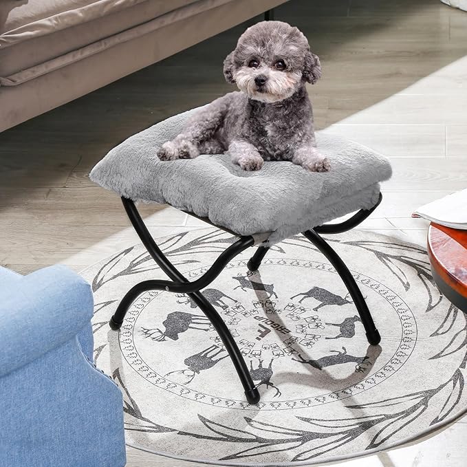 15" Foldable Foot Stool Ottoman with Metal Frame - Washable Faux Fur Grey Upholstered Indoor/Outdoor Footrest for Living Room, Bedroom, Patio - Space-Saving Compact Design WELL-STRONG