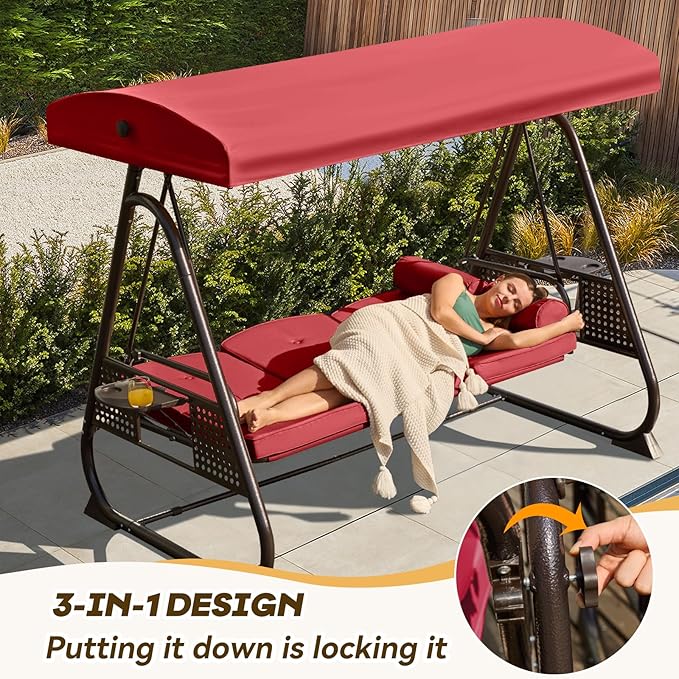 3 in 1 Outdoor Porch Swing with Adjustable Canopy, 3 Seat Outdoor Swing for Adults, Patio Swing Chair with Thickened Cushions,Pillows & Cup Holders for Backyard, Porch, Garden (Wine Red) YALISSEY