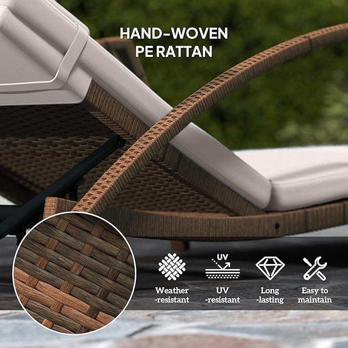 Outsunny Wicker Chaise Lounge Chair Outdoor Set of 2, 5-Position Adjustable Reclining Pool Lounge Chairs with Wheels, Rattan Outdoor Lounger with Cushion, Armrests for Poolside Beach Backyard, Beige Outsunny