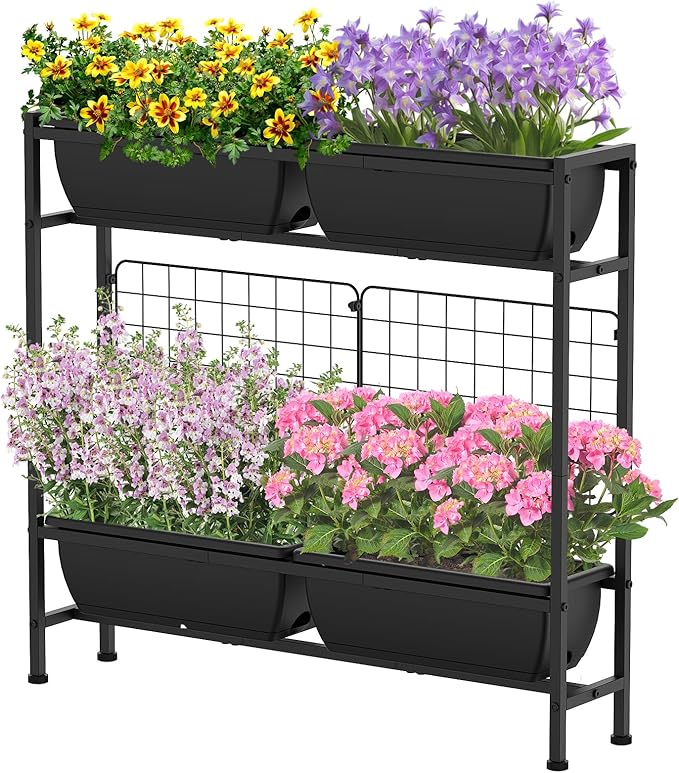 CADUKE Raised Garden Bed, Garden Raised Planter Box with Legs, 32" Elevated Vegetable Garden Beds with Drainage Holes & Trellis, Herb Garden Planter Outdoor for Vegetables, Balcony, Patio, Black CADUKE