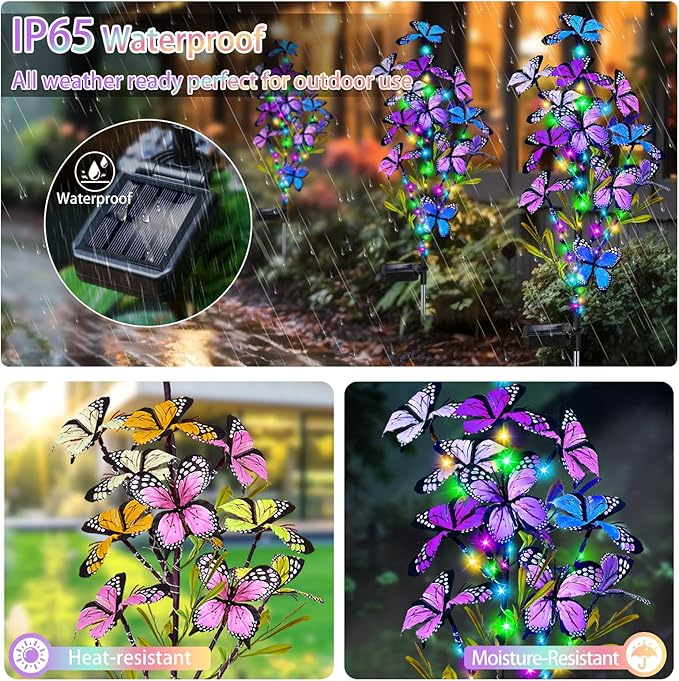 Solar Garden Lights Outdoor, Waterproof 2 Pack Solar Butterfly Lights with 60 LED 12 Butterfly Colorful Lighting for Garden Yard Lawn Outdoor Decor, Gift for Mom Women Mother's Day MRHEPHAESTUS