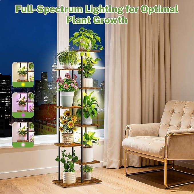 iDavosic.ly 7 Tier Tall Plant Stand Indoor with Light, Tiered Corner Metal Wood Multiple Flower Holder Shelf, 50 Inch Display Grow Rack for Living Room Bedroom, Modern Black & Rustic Brown iDavosicly