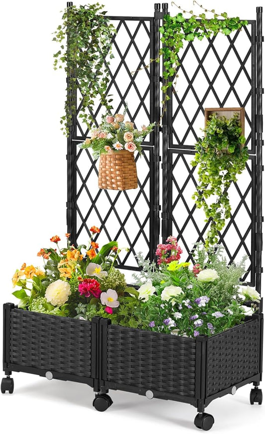 Planter Box with Trellis, 4ft Tall Self-Watering Plastic Raised Garden Beds and Lattice Trellis with Lockable Wheels & Drain Plug for Outdoor Patio Backyard Balcony, Black, 2 Pcs follook