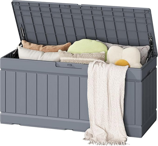 Flamaker Outdoor Storage Box 80 Gallon Resin Waterproof Deck Box Delivery Box with Wood Texture Large Storage Bin for Patio Cushions, (Grey) Flamaker