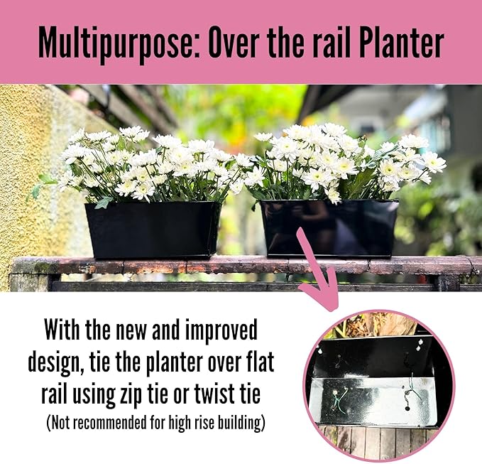 LaLaGreen Outdoor Rail Planter (6 Pack, 16 Inch) Large Black Metal Wall Hanging Strawberry Flower Pots, Rectangle Balcony Deck Railing Fence Rectangular Plant Holder Outside Patio Porch Decoration L%C3%A1L%C3%A1Green